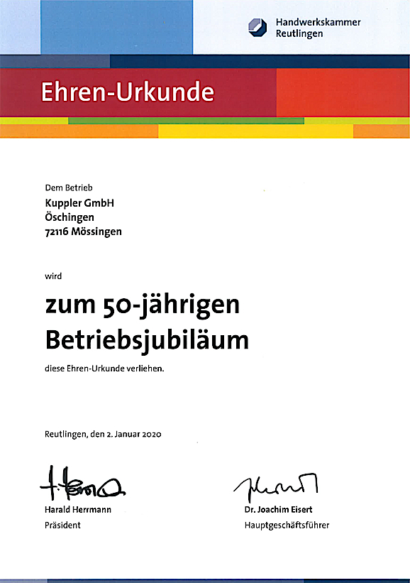 Urkunde - Kuppler - Firmenjubiläum - 50 Jahre Kuppler - 2020